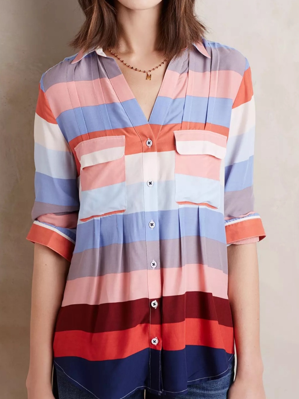 Anthropologie Maeve Wynwood Color Block Striped Button Down Shirt